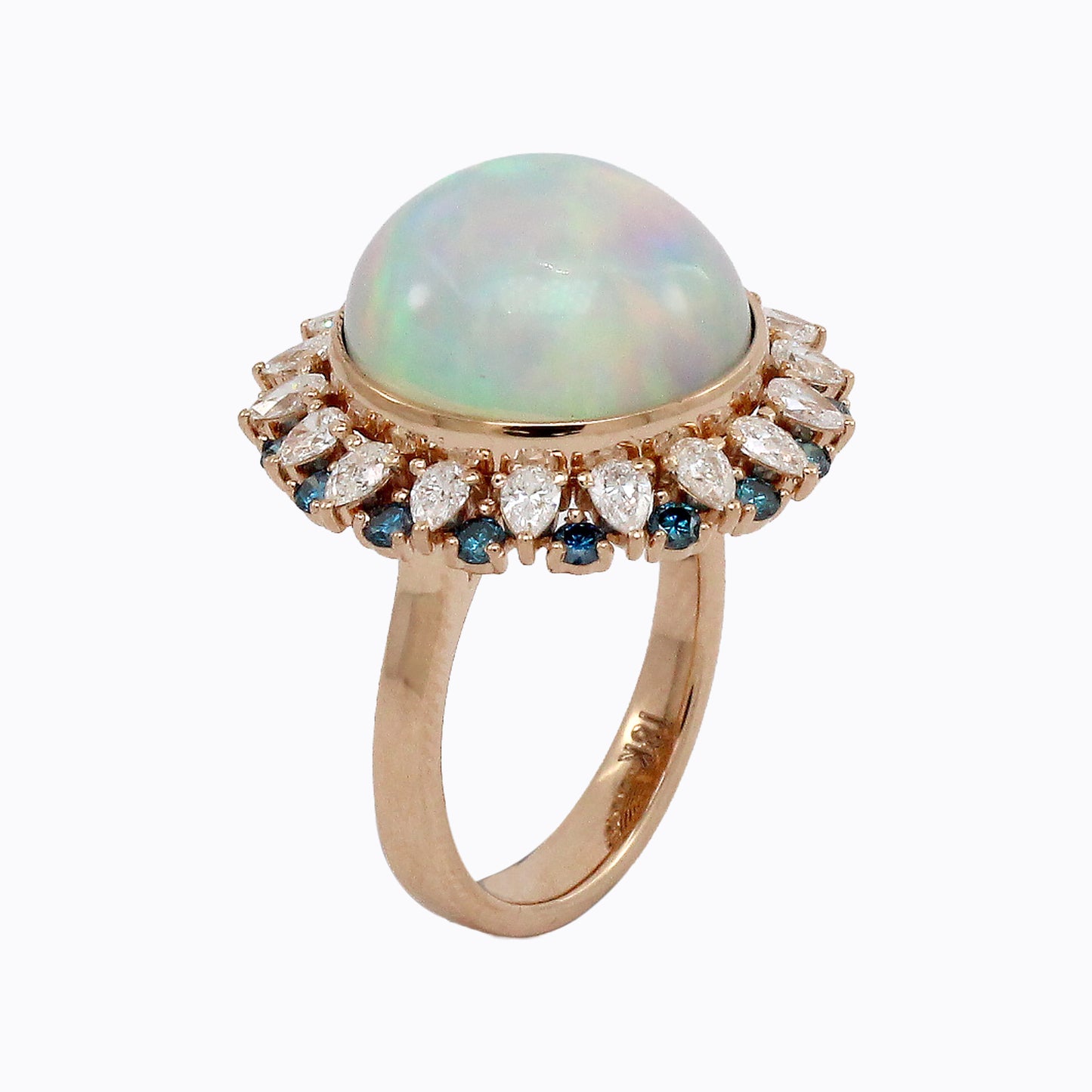 1.37 ct Round Opal with White and Blue Diamond Ring in 18K Gold
