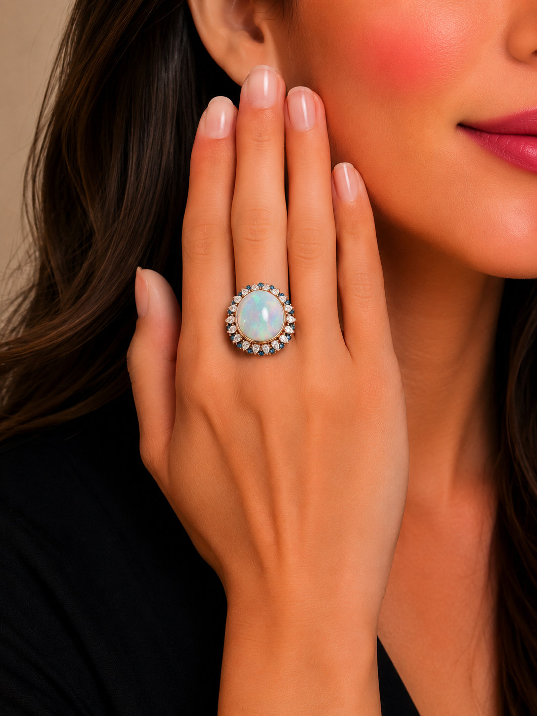 1.37 ct Round Opal with White and Blue Diamond Ring in 18K Gold