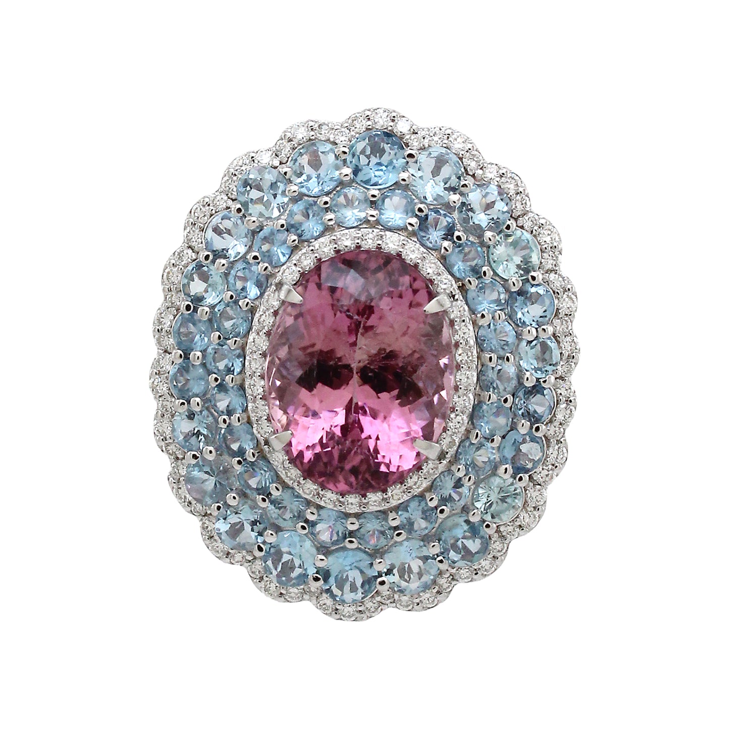 0.79 ct Oval Tourmaline with Aquamarine and White Diamond Ring in 18K Gold