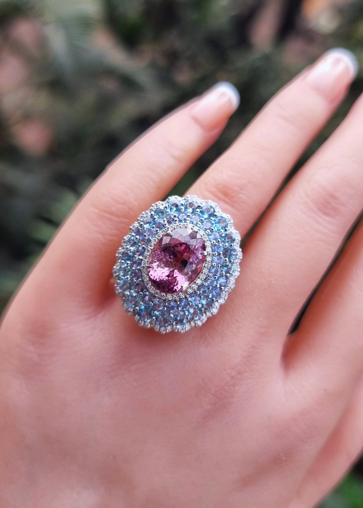 0.79 ct Oval Tourmaline with Aquamarine and White Diamond Ring in 18K Gold