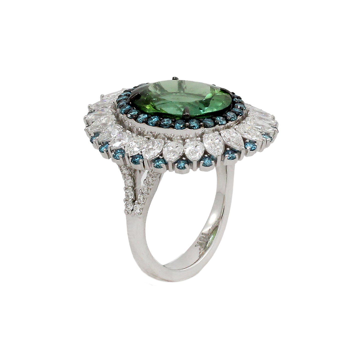 1.05 ct Oval Tourmaline with White and Blue Diamond Ring in 18K Gold