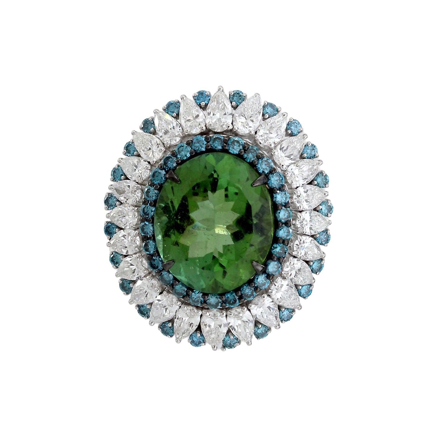 1.05 ct Oval Tourmaline with White and Blue Diamond Ring in 18K Gold