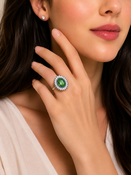 1.05 ct Oval Tourmaline with White and Blue Diamond Ring in 18K Gold