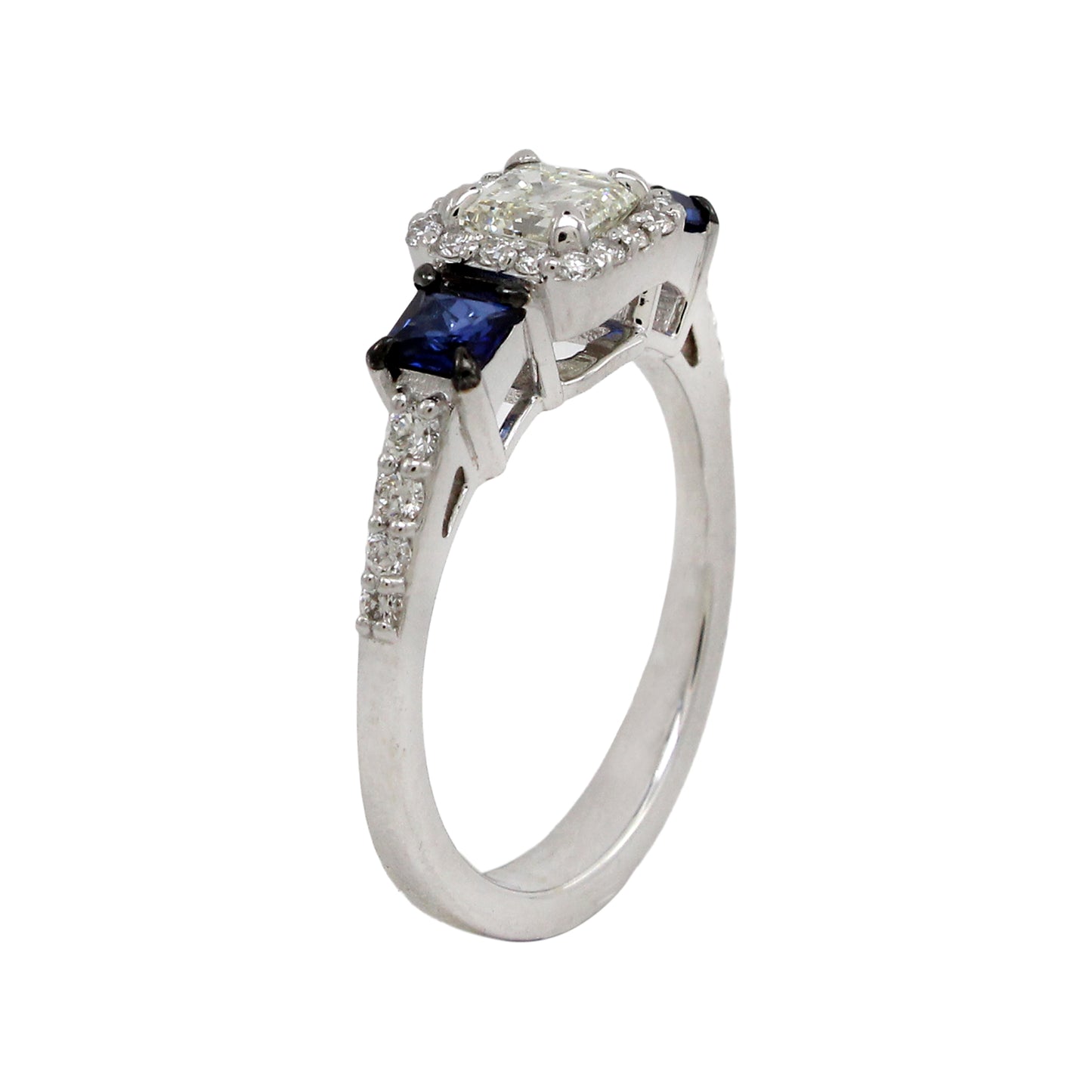 0.75 ct Emerald Cut White Diamond with Sapphire Ring in 18K Gold