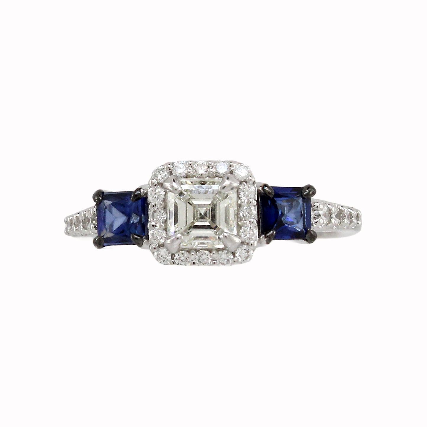 0.75 ct Emerald Cut White Diamond with Sapphire Ring in 18K Gold