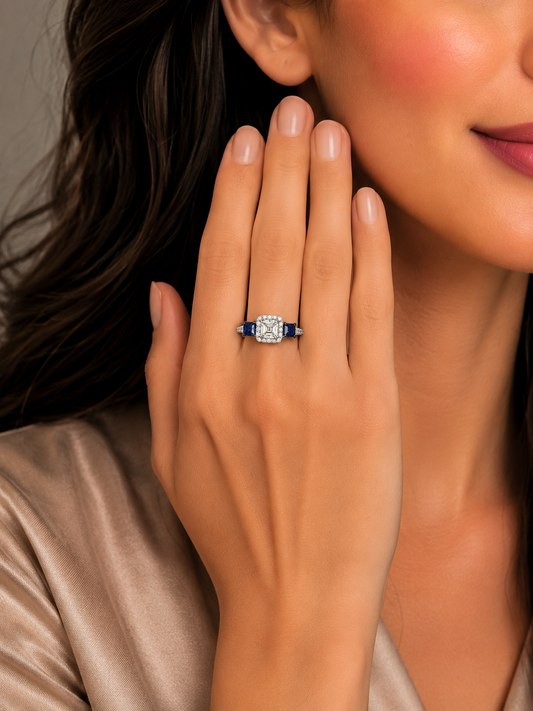 0.75 ct Emerald Cut White Diamond with Sapphire Ring in 18K Gold