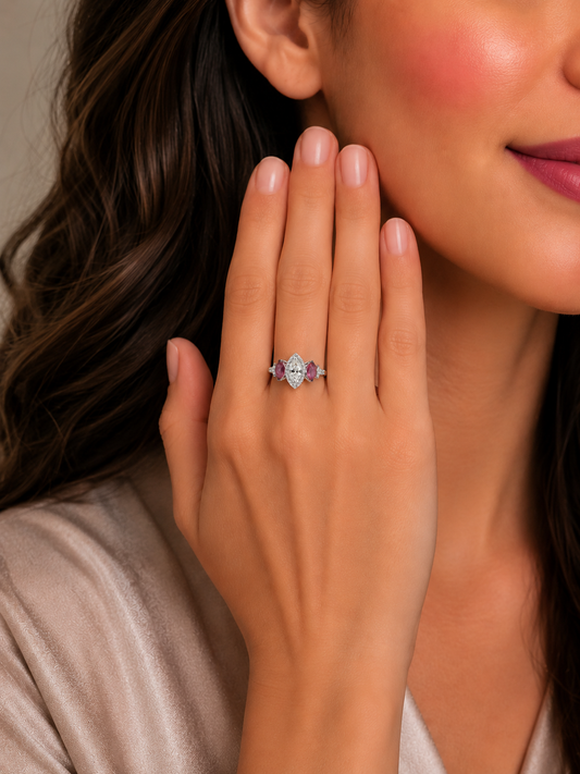 1.22 ct Marquise Diamond with Ruby and White Diamond Ring in 18K Gold