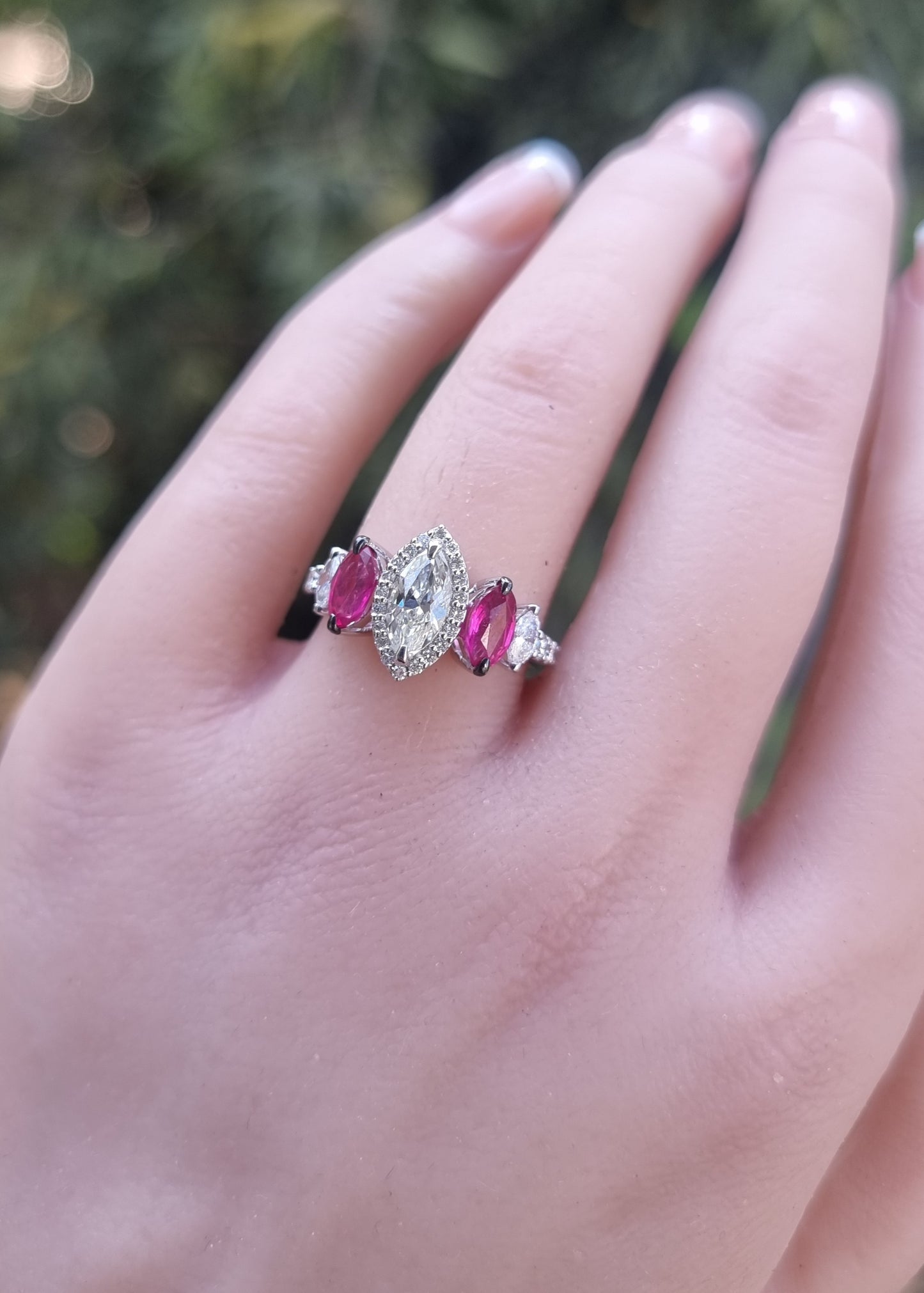 1.22 ct Marquise Diamond with Ruby and White Diamond Ring in 18K Gold