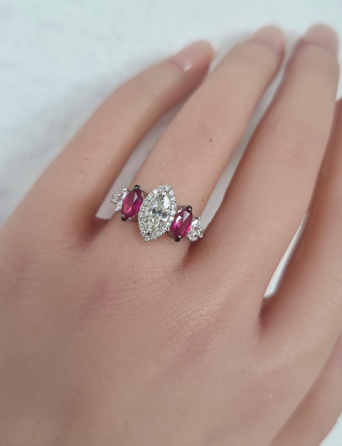 1.22 ct Marquise Diamond with Ruby and White Diamond Ring in 18K Gold