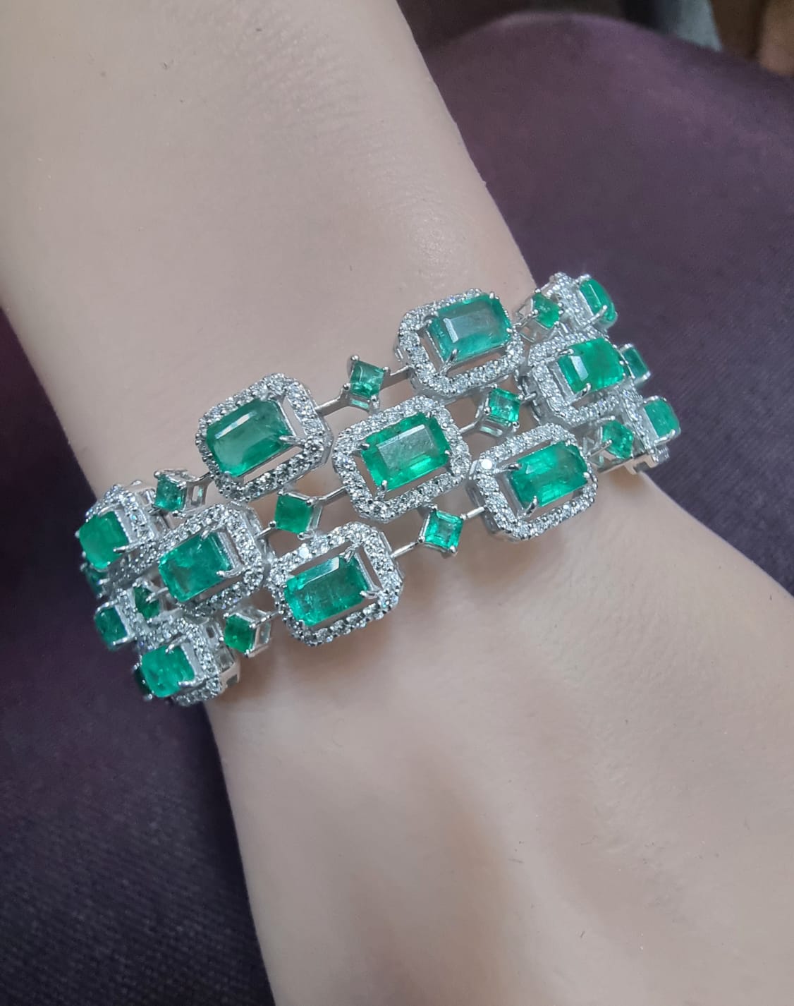 14K White Gold 3 Row Emerald  Bracelet