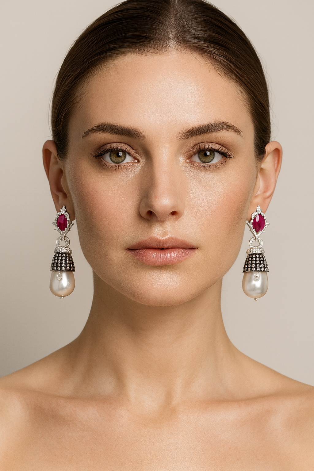 18K Gold Pearl Ruby Cluster Earrings with White Diamonds