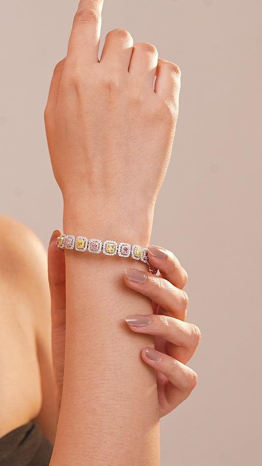 Cushion Shape Pink And Yellow Diamond Bracelet