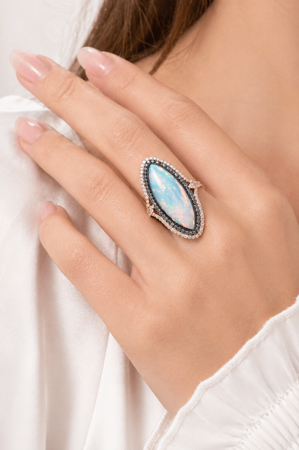 Opal Ring with White & Blue Diamond Halo