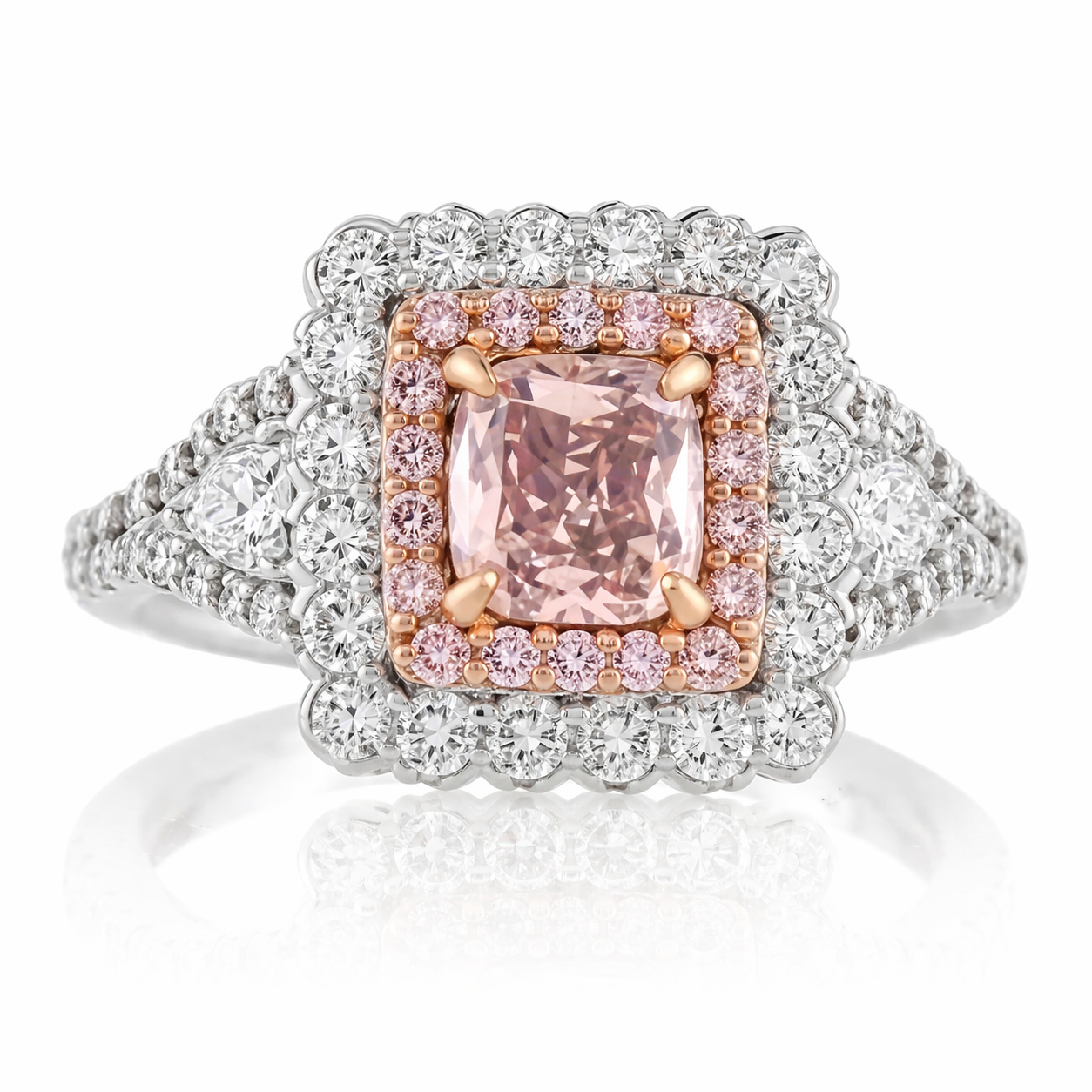 Pink Cushion With White Diamond Halo Ring
