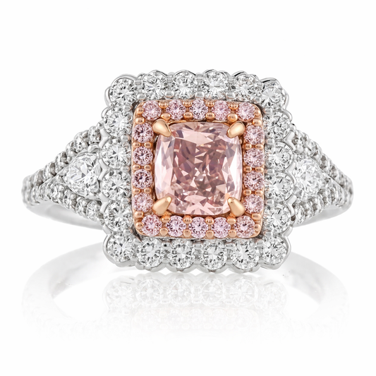 Pink Cushion With White Diamond Halo Ring
