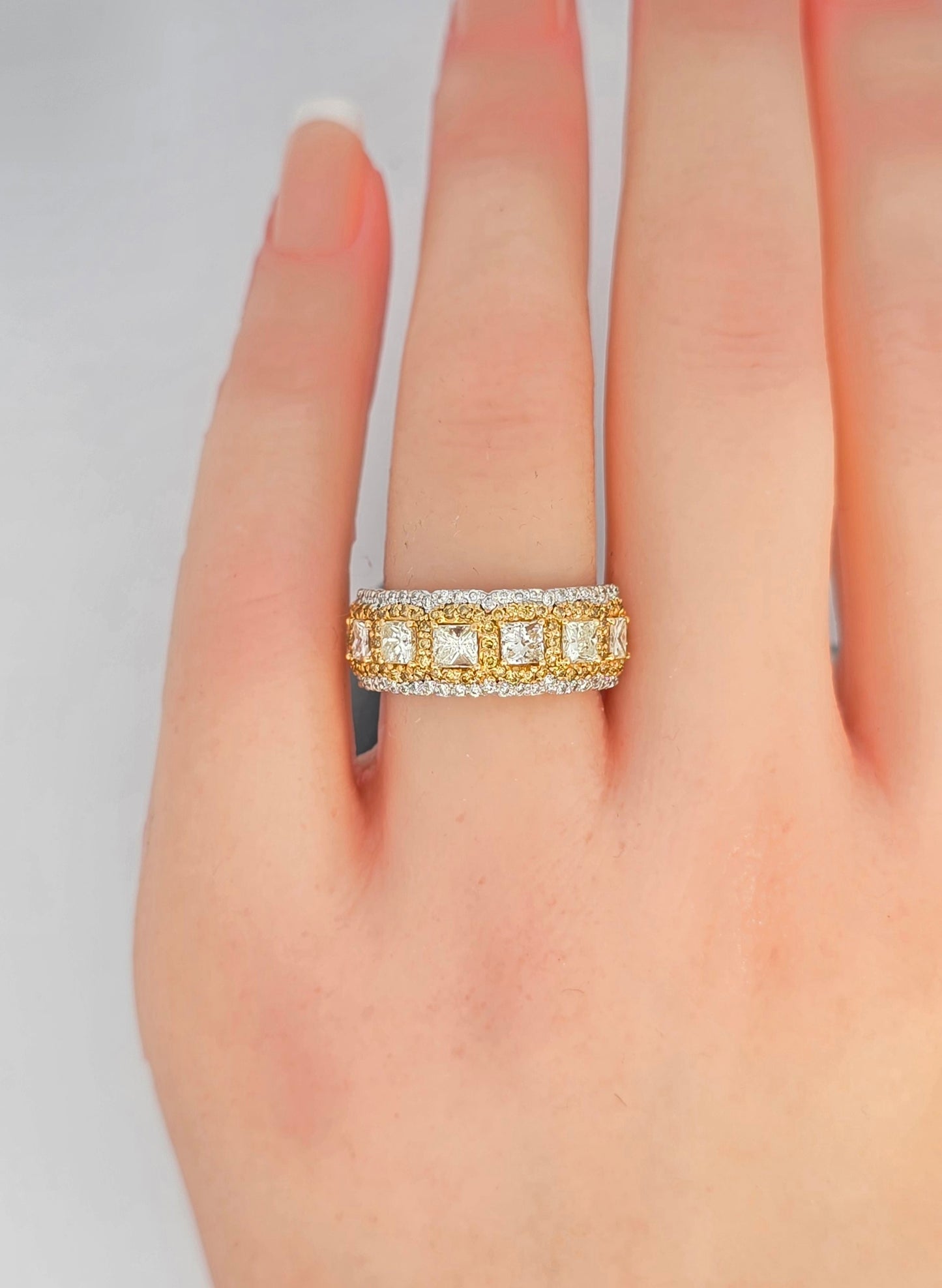 Princess-Cut White Diamond Halo Ring with Yellow Diamond Accents