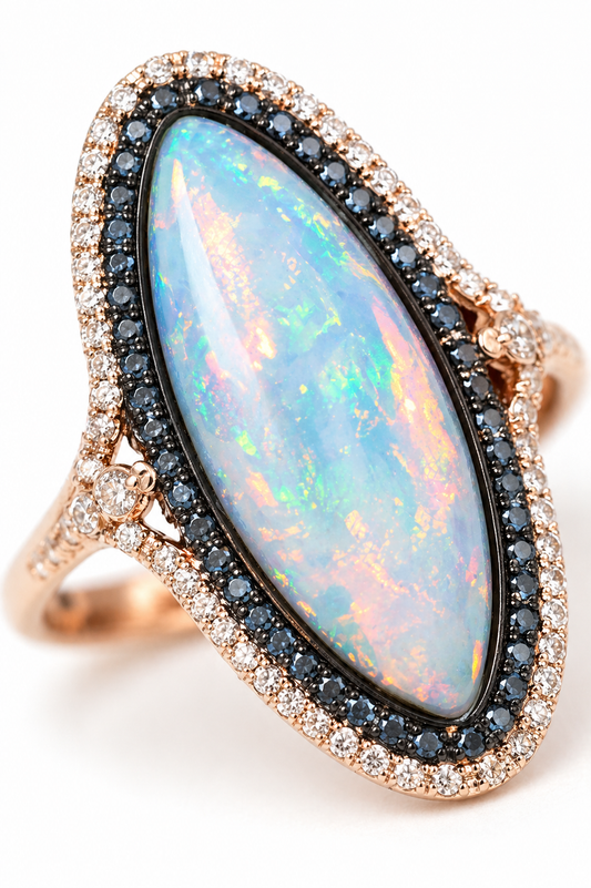 Opal Ring with White & Blue Diamond Halo