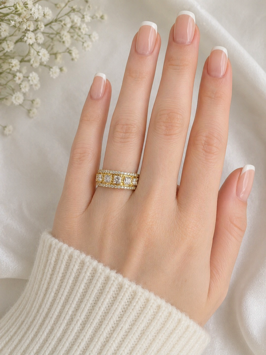 Princess-Cut White Diamond Halo Ring with Yellow Diamond Accents