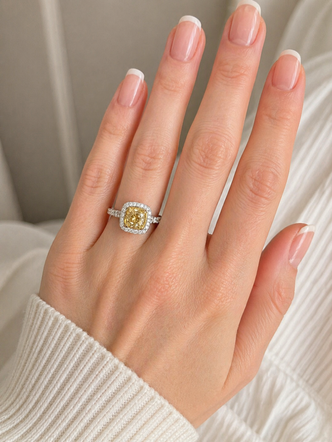 Cushion-Cut Yellow Diamond Halo Ring