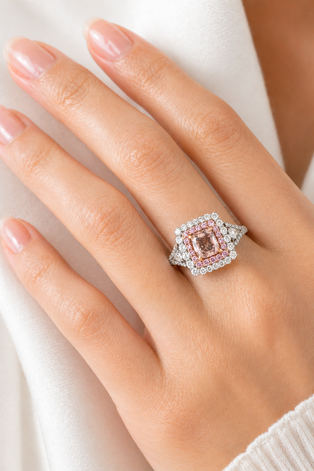 Pink Cushion With White Diamond Halo Ring